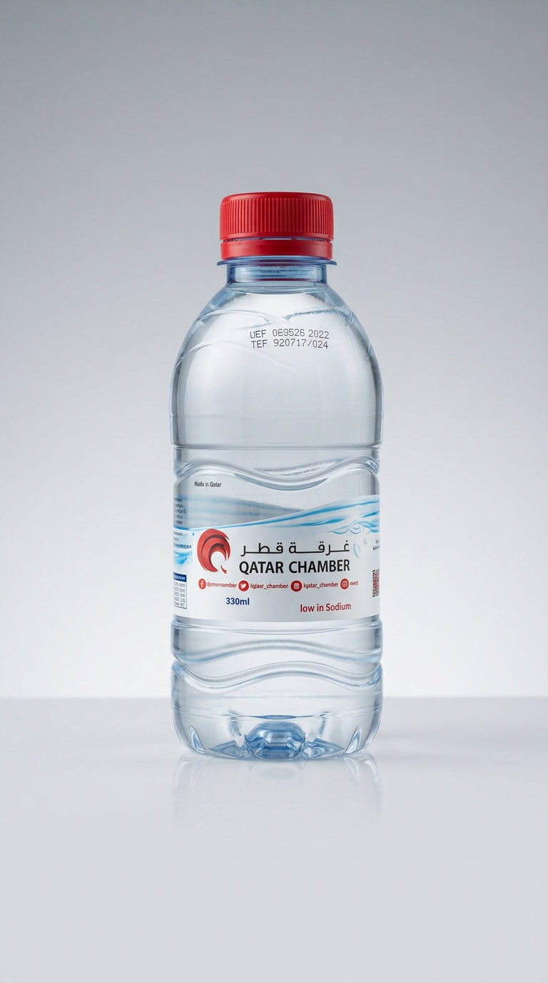 Qatar Chamber low sodium water bottle 330ml studio product photo