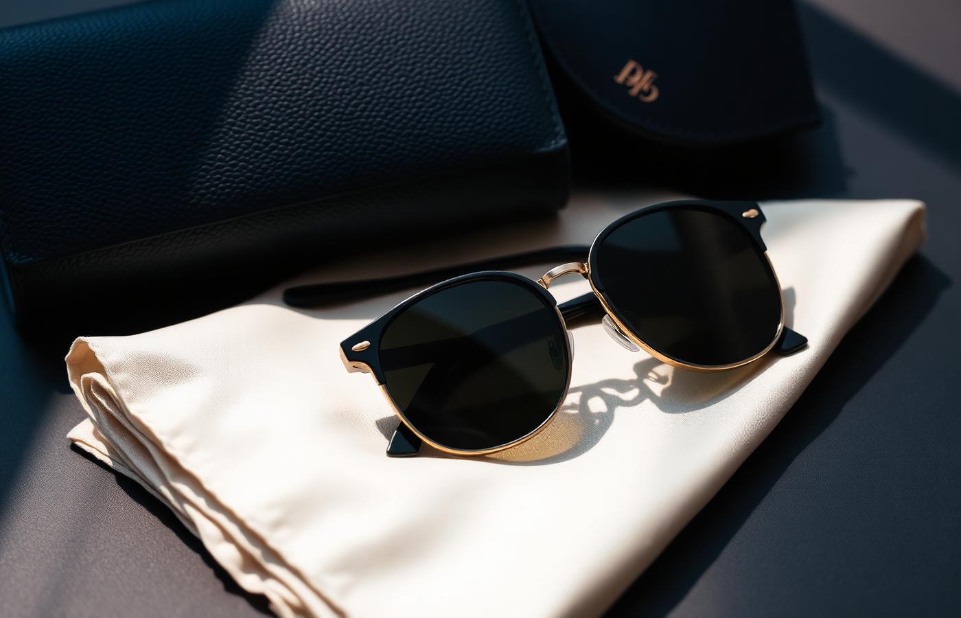 Nazarate sunglasses resting on ivory silk beside a navy leather case